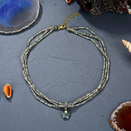 Multi-strand Tinny Labradorite Necklace with Labradorite Pen - Spiral Circle