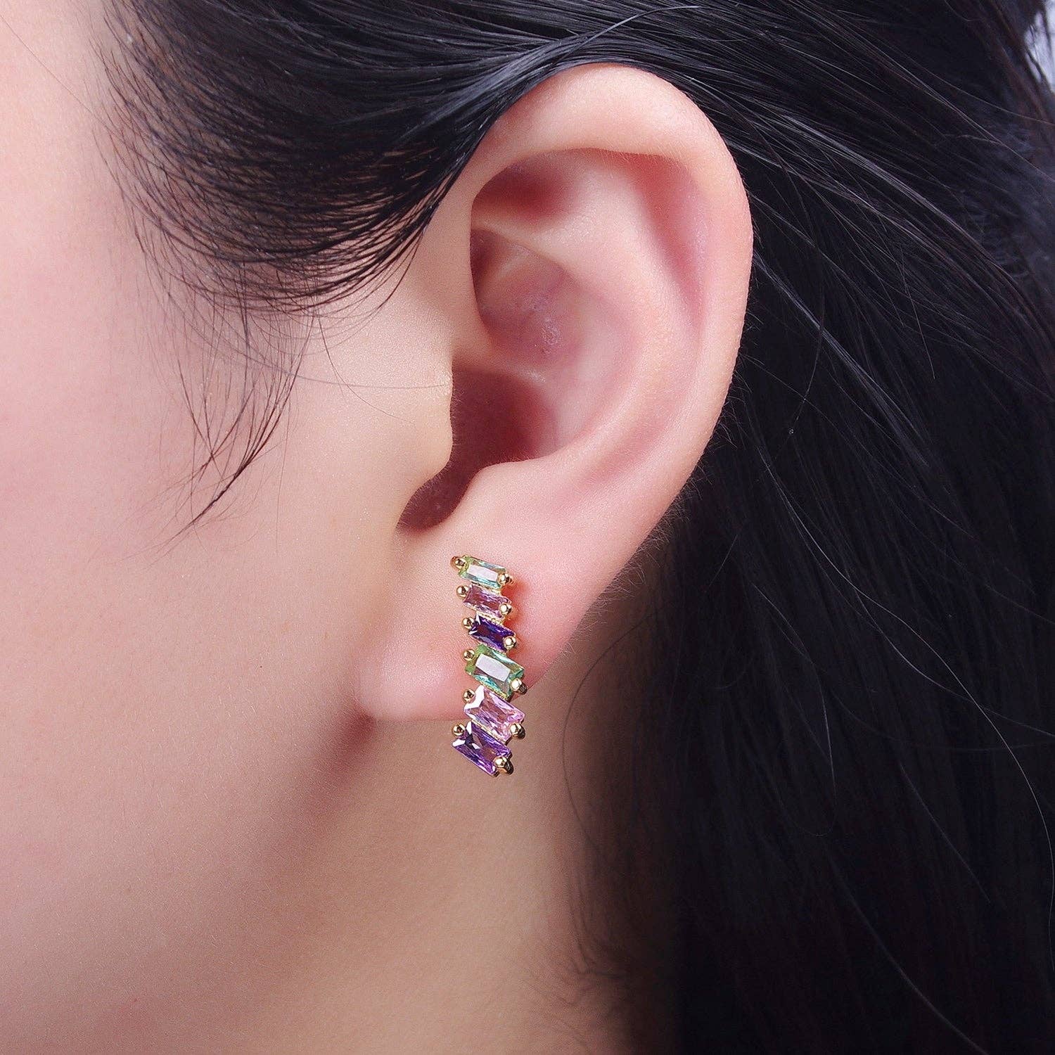 Multicolor Baguette Cubic Zirconia Stud Earrings | 24K Gold Plated - Spiral Circle