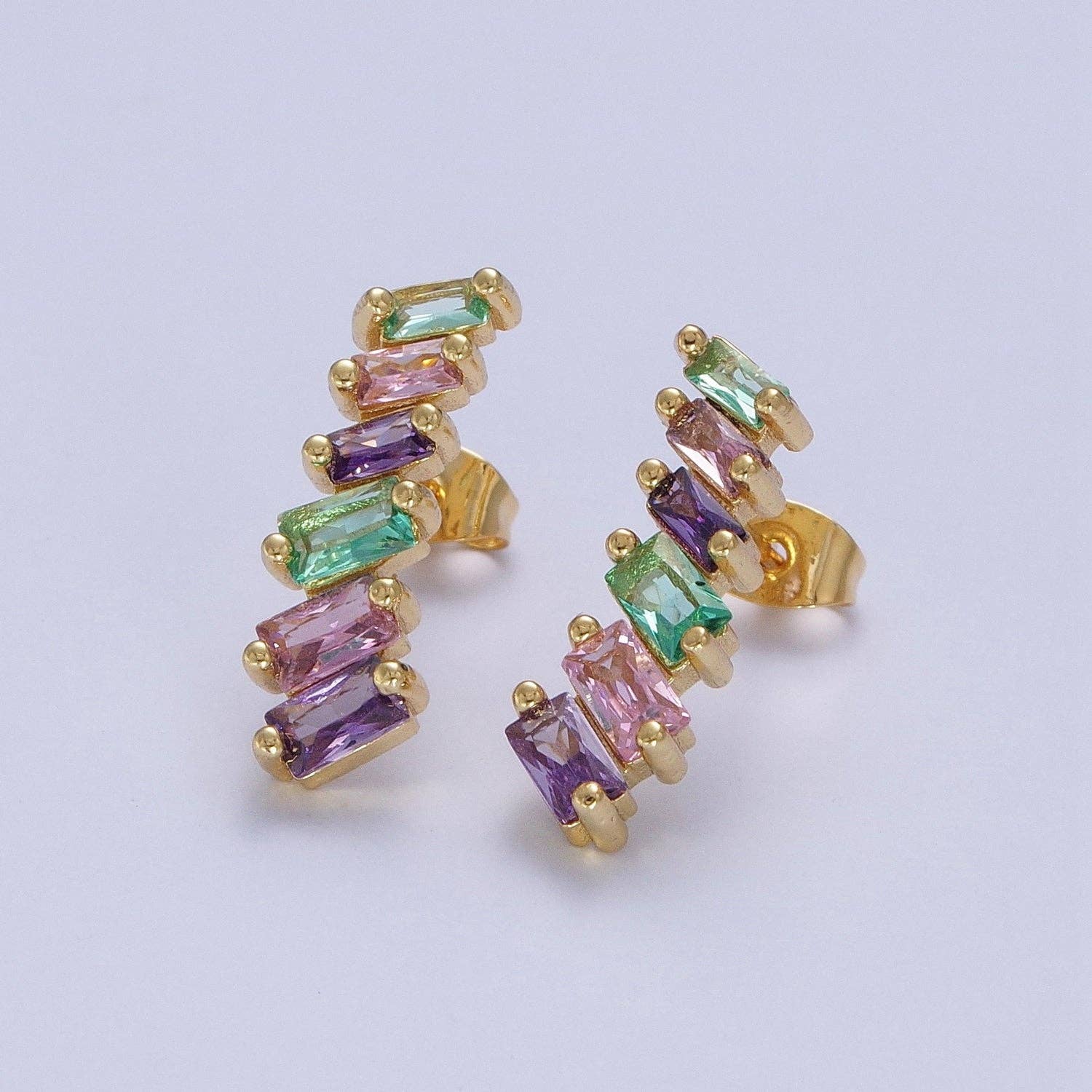 Multicolor Baguette Cubic Zirconia Stud Earrings | 24K Gold Plated - Spiral Circle