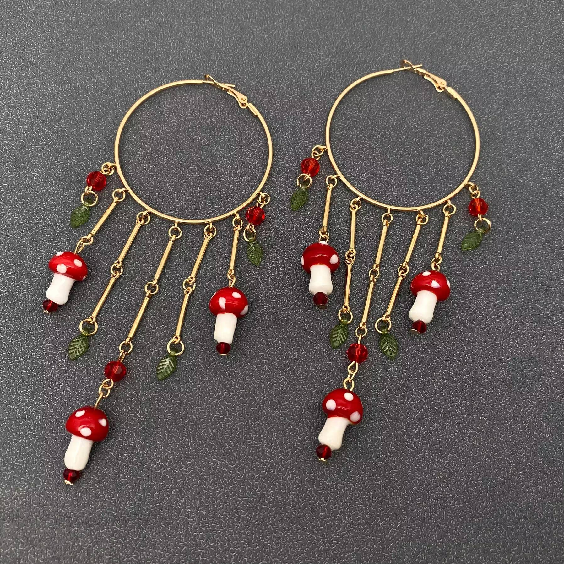 Mushroom Charm Fringe Large Ring Hoop Earrings - Spiral Circle