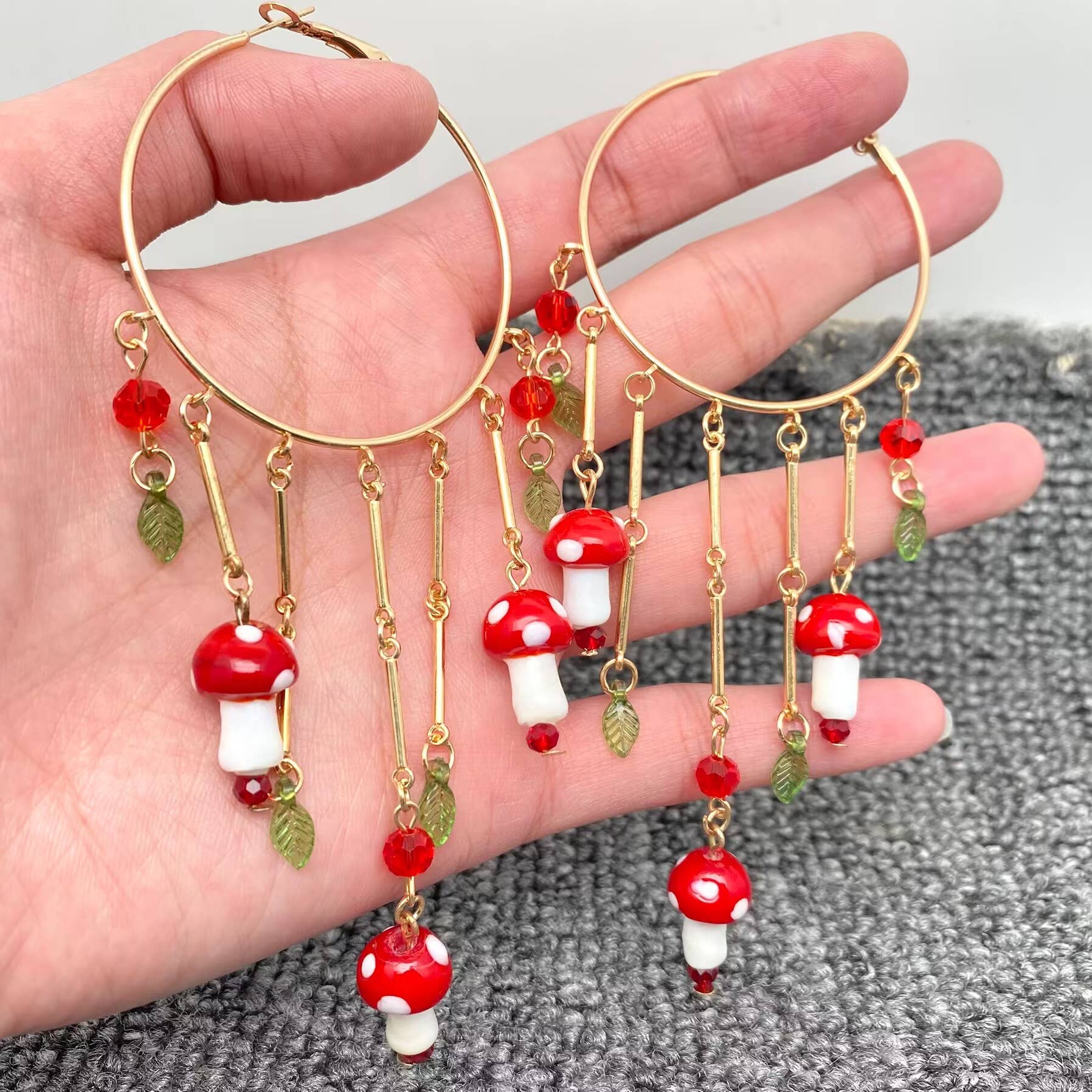Mushroom Charm Fringe Large Ring Hoop Earrings - Spiral Circle