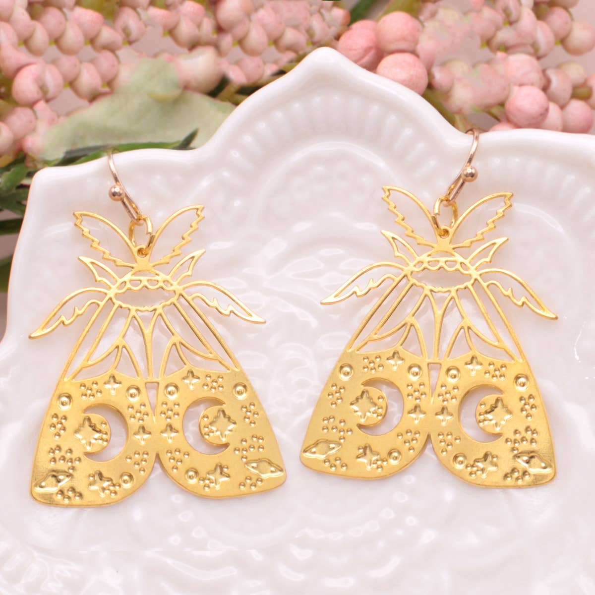 Mystic Moon Lunar Moth Gold Earrings - Spiral Circle