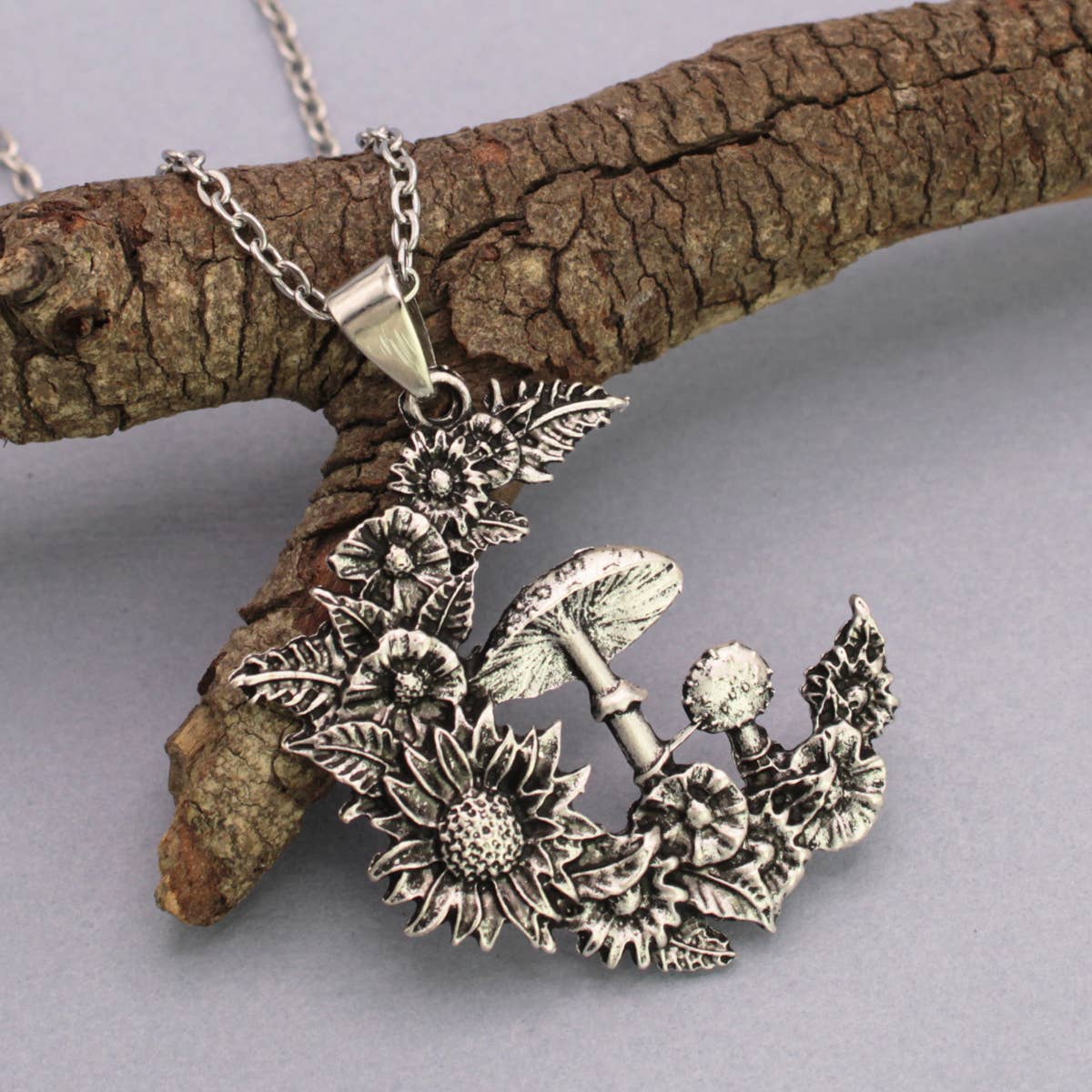 Mystic Mushroom Flower Moon Necklace - Spiral Circle
