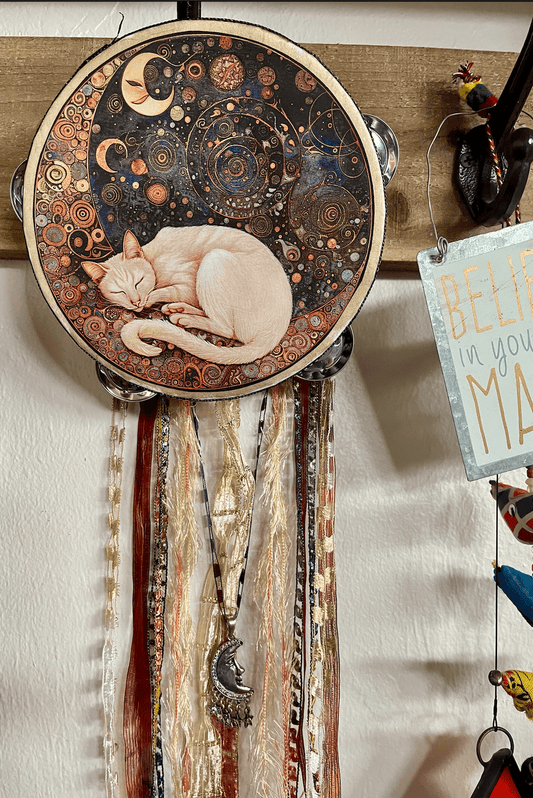 Mystical Moon Cat Tambourine and Ribbon Wall Accent, Mystical Accents, Moon Charm - Spiral Circle
