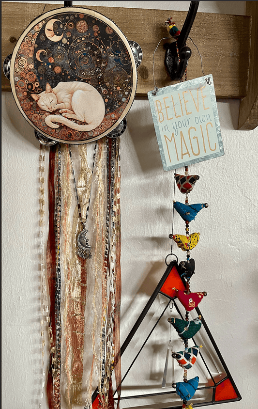 Mystical Moon Cat Tambourine and Ribbon Wall Accent, Mystical Accents, Moon Charm - Spiral Circle