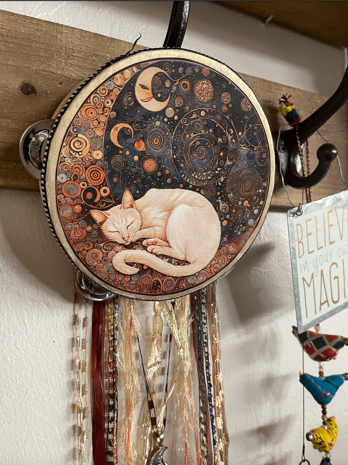 Mystical Moon Cat Tambourine and Ribbon Wall Accent, Mystical Accents, Moon Charm - Spiral Circle