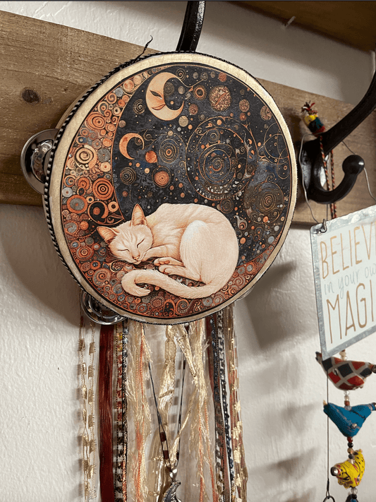 Mystical Moon Cat Tambourine and Ribbon Wall Accent, Mystical Accents, Moon Charm - Spiral Circle