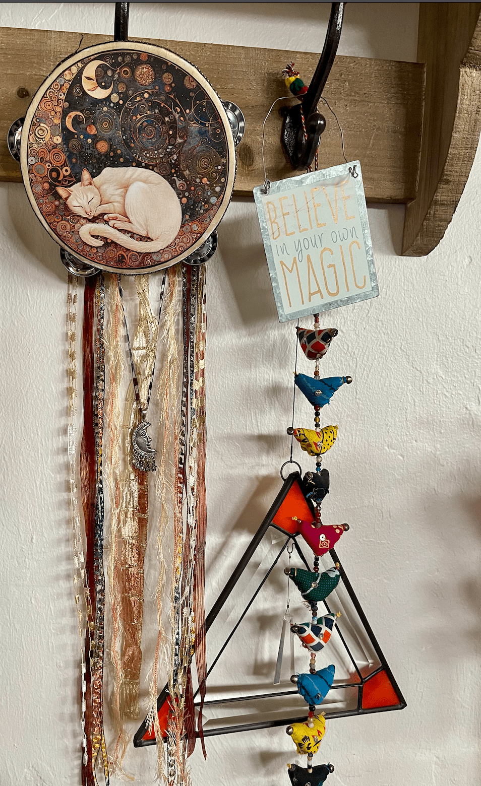 Mystical Moon Cat Tambourine and Ribbon Wall Accent, Mystical Accents, Moon Charm - Spiral Circle