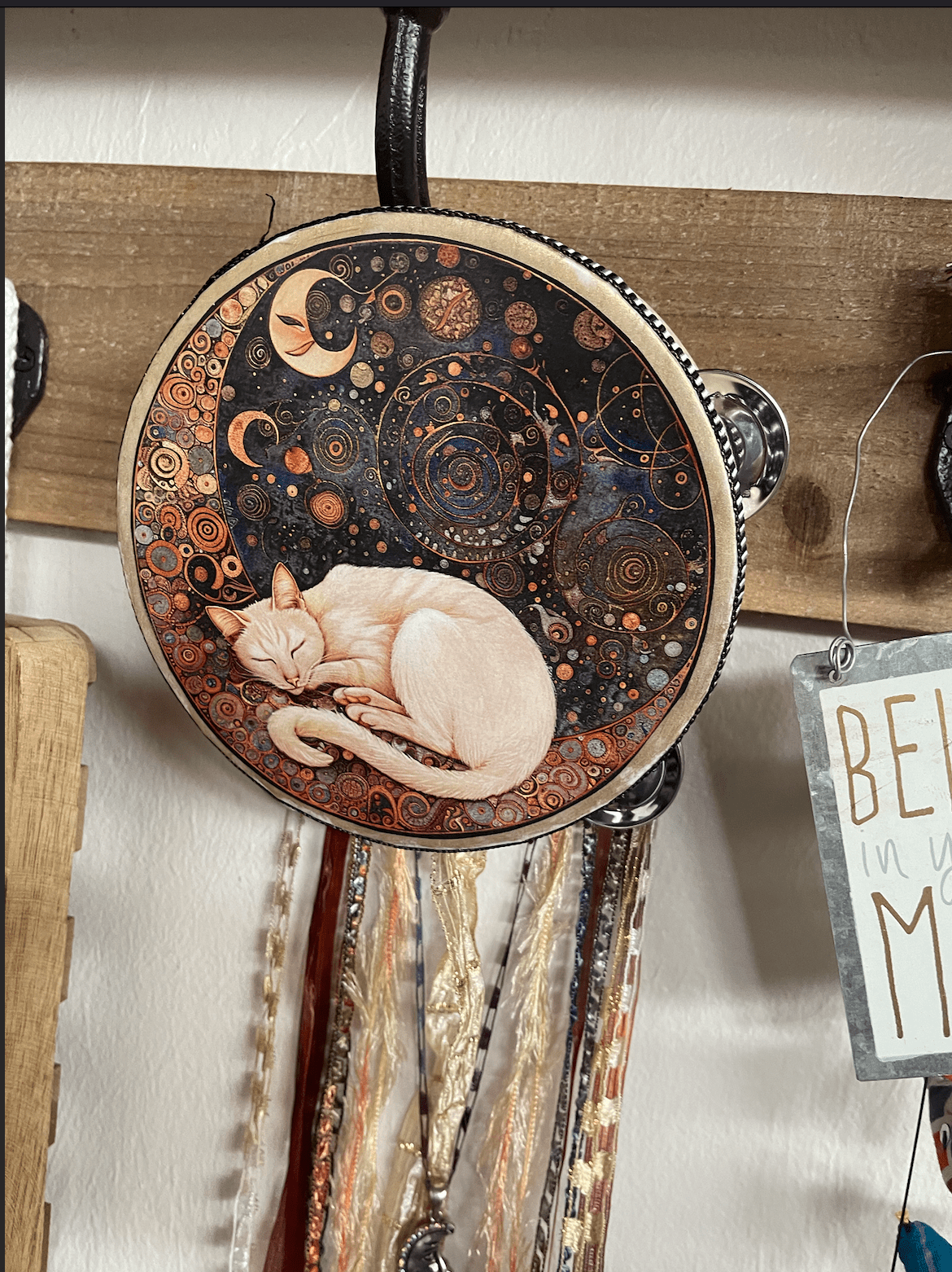 Mystical Moon Cat Tambourine and Ribbon Wall Accent, Mystical Accents, Moon Charm - Spiral Circle
