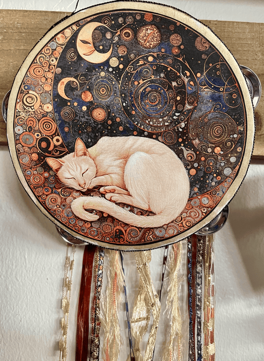 Mystical Moon Cat Tambourine and Ribbon Wall Accent, Mystical Accents, Moon Charm - Spiral Circle