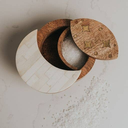 Nakshatra Moon Stars Pivot Box - Bone, Wood, Brass - Spiral Circle