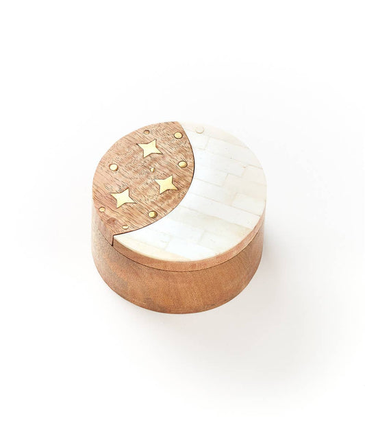 Nakshatra Moon Stars Pivot Box - Bone, Wood, Brass - Spiral Circle