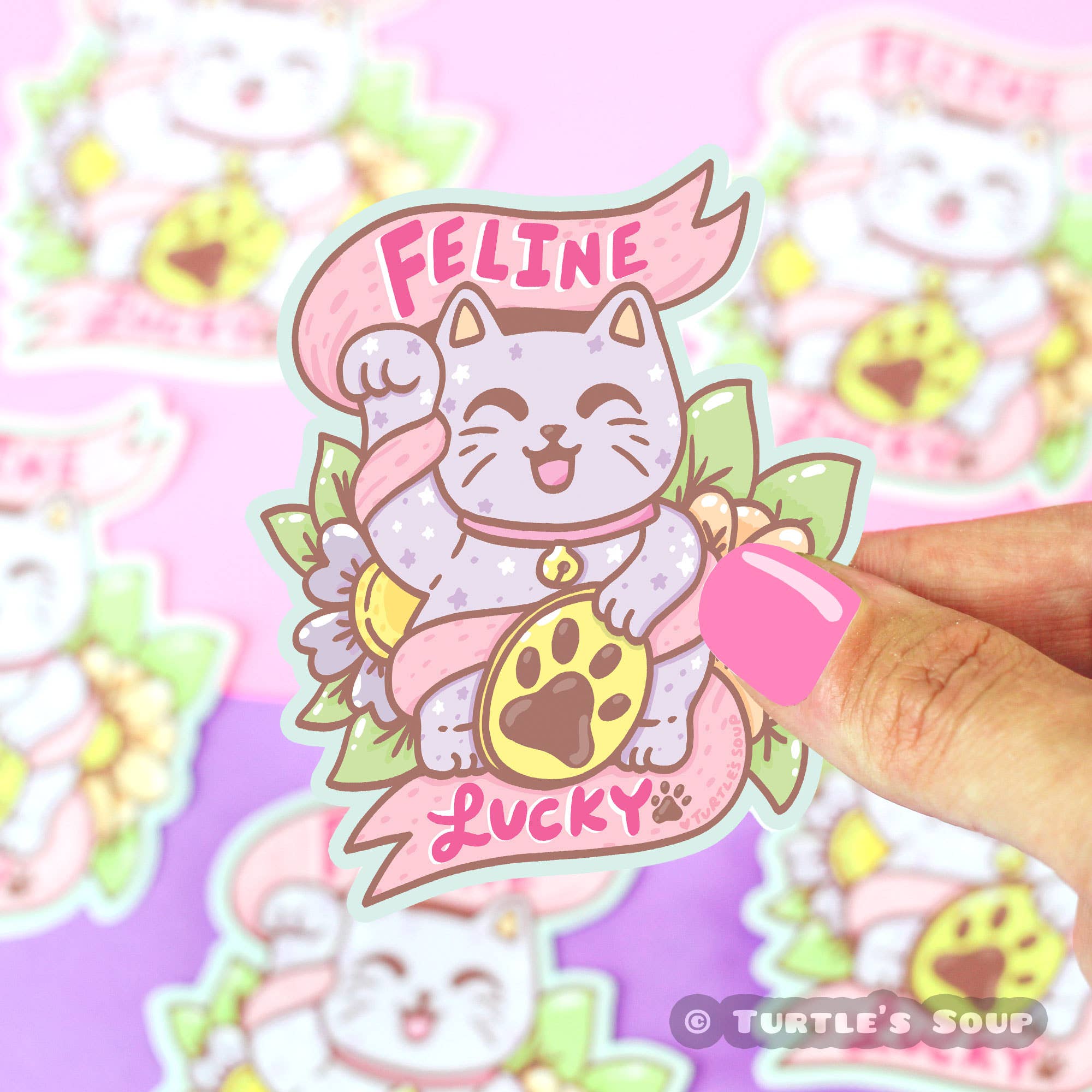Neko Maneki Feline Lucky Cat Vinyl Sticker - Spiral Circle