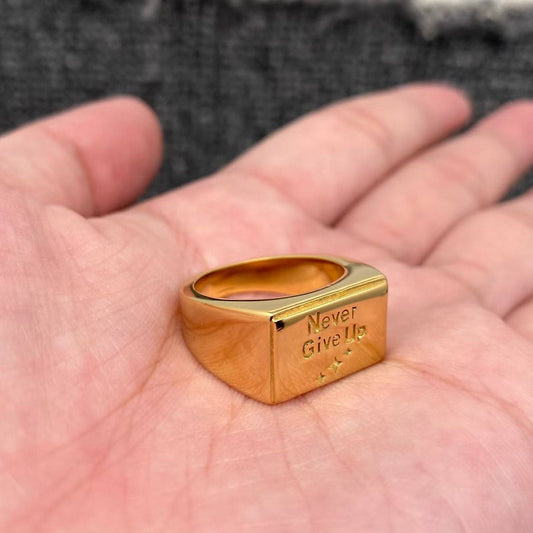 Never Give Up 18K Golden Stainless Steel Square Ring - FGS - Spiral Circle