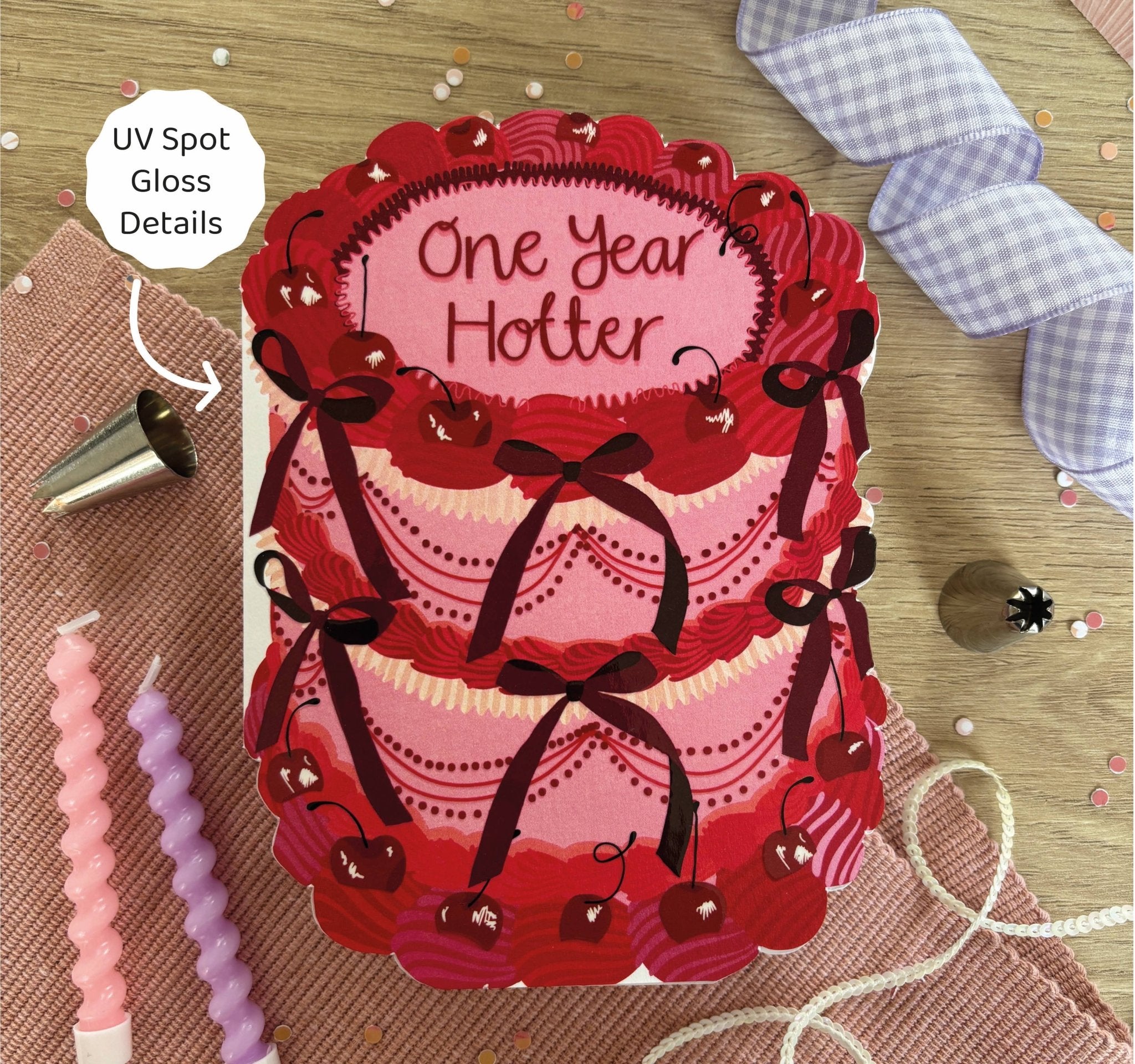 One Year Hotter - Birthday Cake Shaped Greeting Card - Spiral Circle