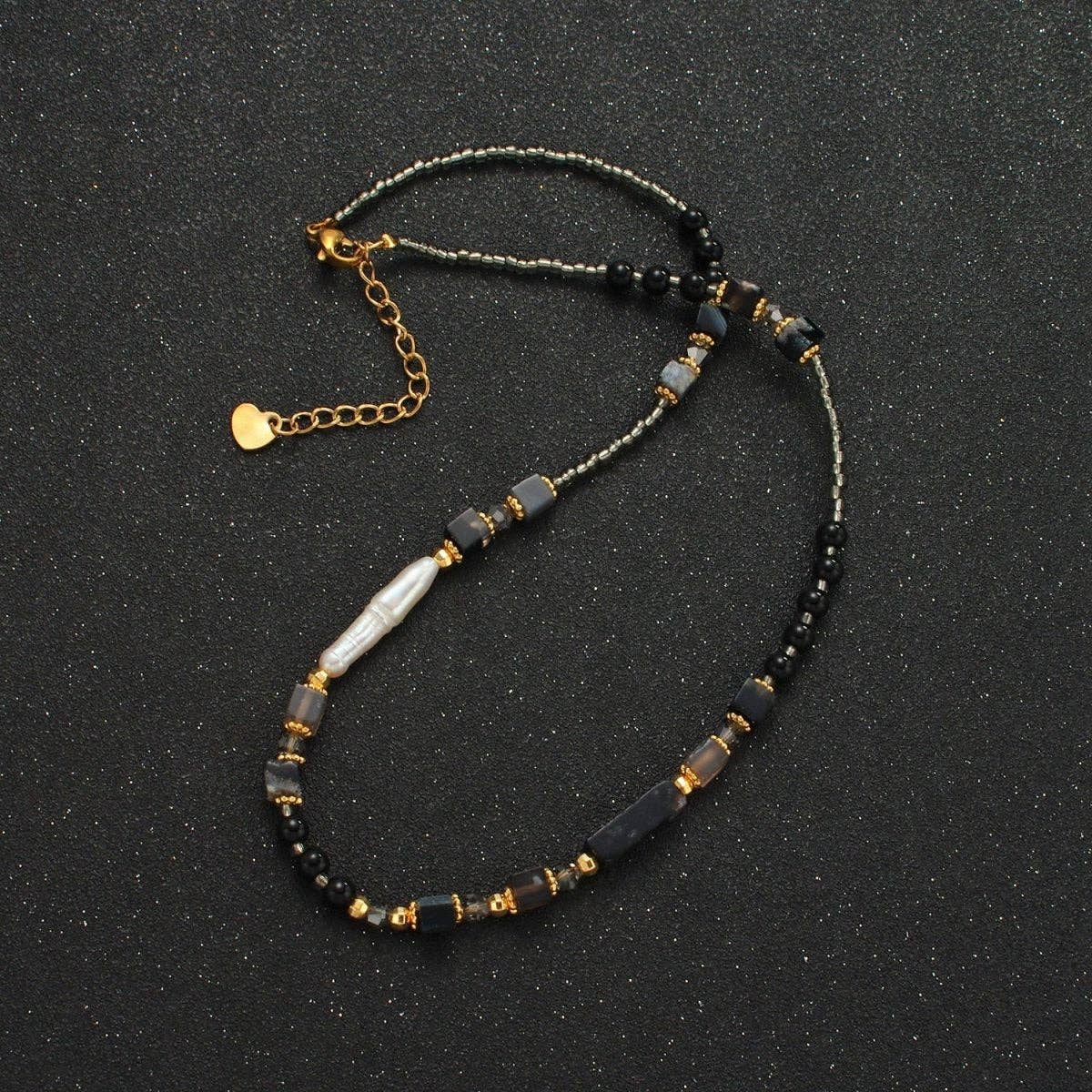 Onyx Beaded Necklace with Mother of Pearl - Spiral Circle
