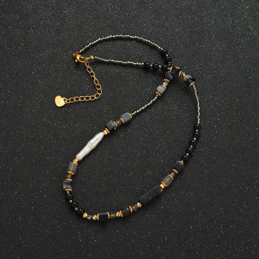 Onyx Beaded Necklace with Mother of Pearl - Spiral Circle