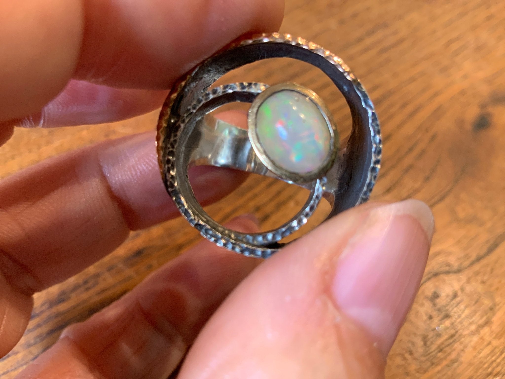 Opal Ring | Mixed Metal | Sterling Silver Base | Size 8 - Spiral Circle