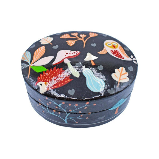 Oval Trinket Box, woodland papier mâché black 8 x 7 x 4cm - Spiral Circle