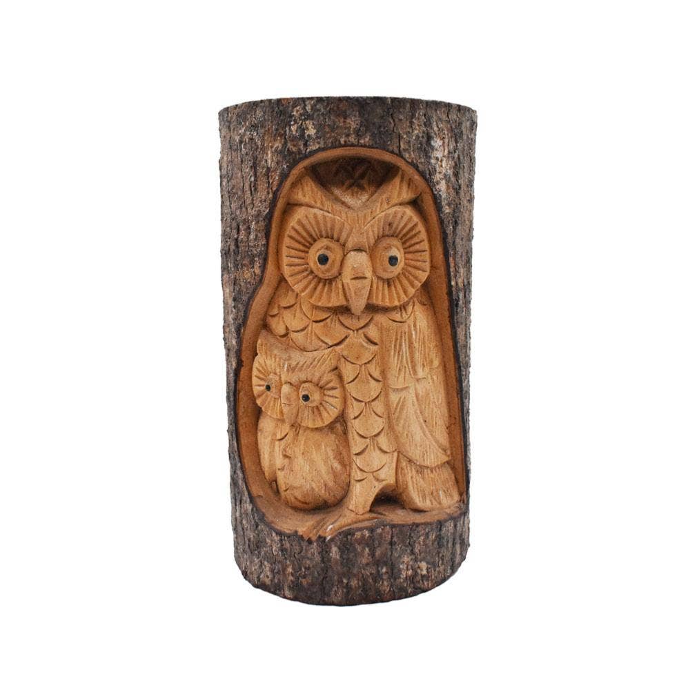 Owl and baby jempinis wood carving 25cm - Spiral Circle