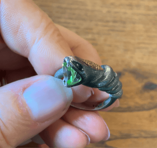 Peridot Snake Ring | Mixed Metal | Sterling Silver Base | Size 8 - Spiral Circle