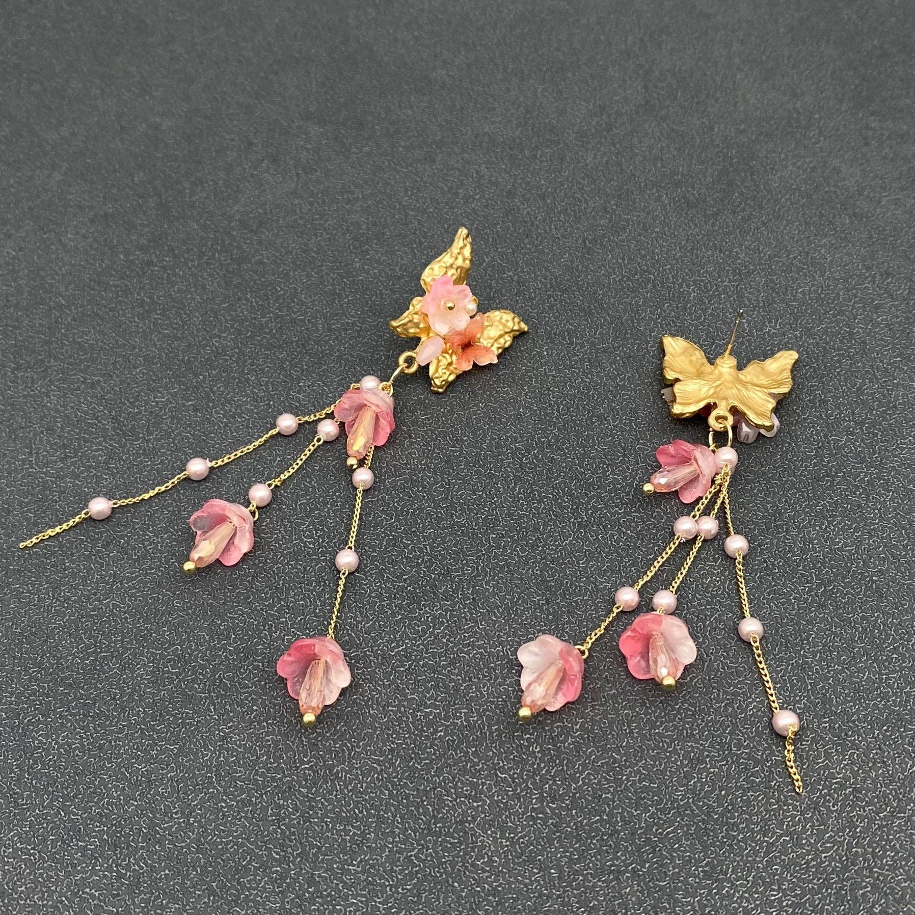 Pink Butterly & Mushroom Earrings - Spiral Circle