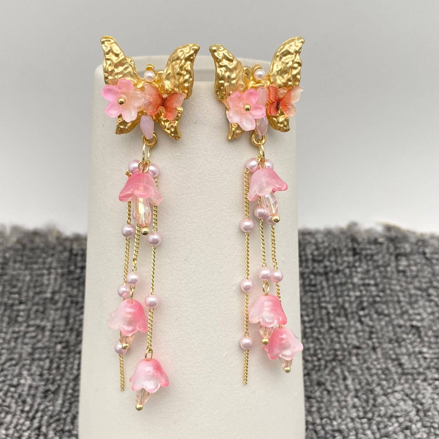 Pink Butterly & Mushroom Earrings - Spiral Circle