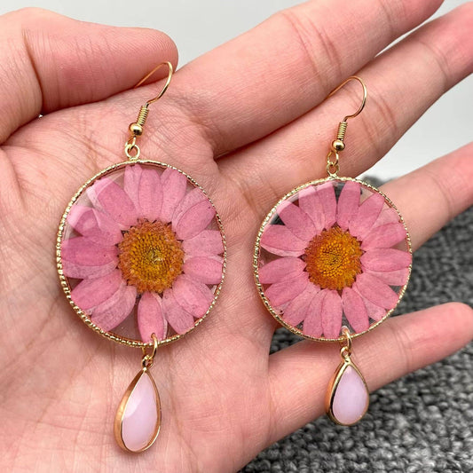 Pink Chrysanthemum | Dried Flower Dangle Earrings - Spiral Circle