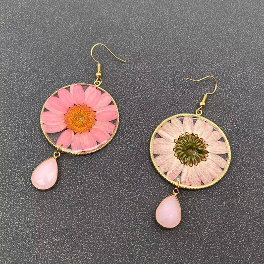 Pink Chrysanthemum | Dried Flower Dangle Earrings - Spiral Circle