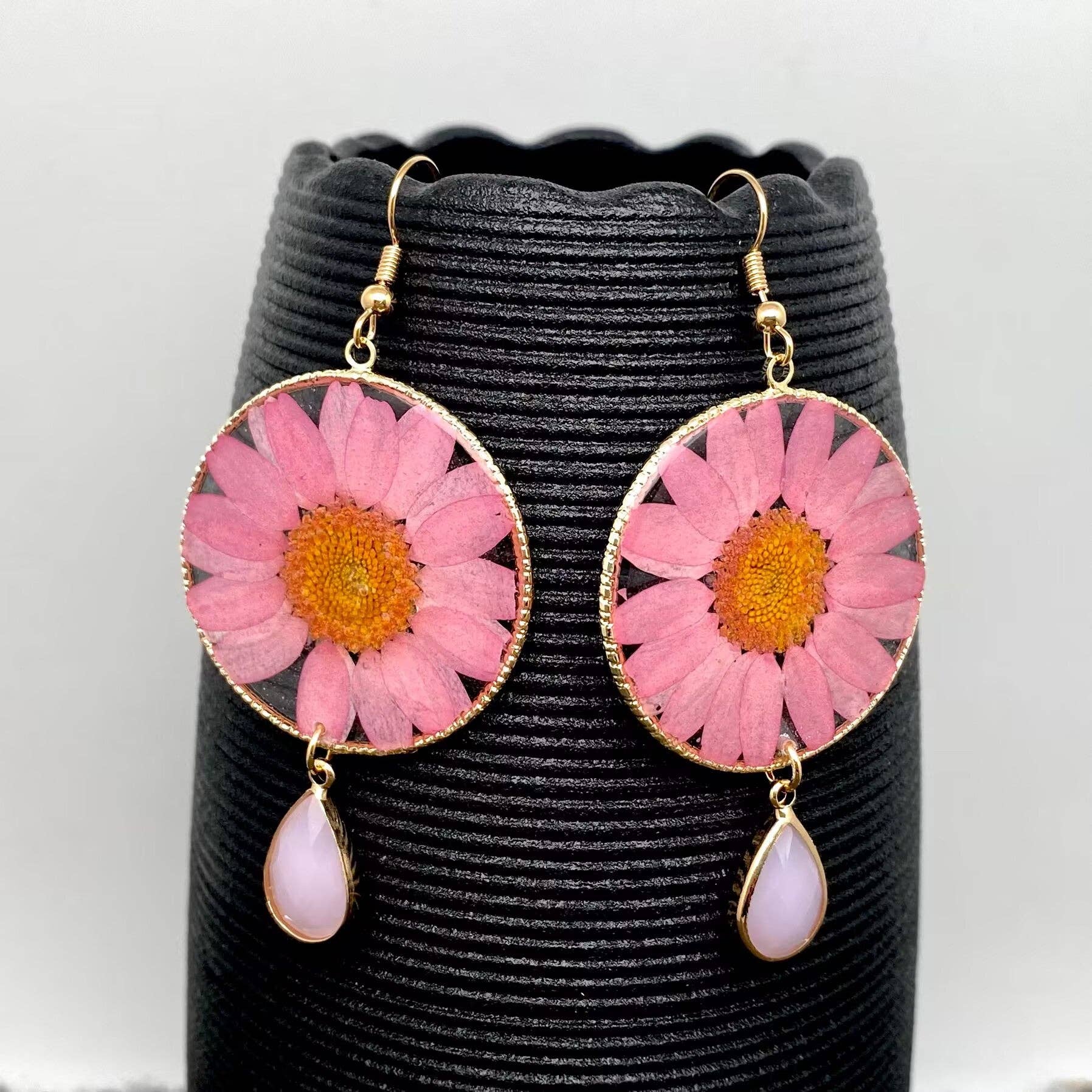 Pink Chrysanthemum | Dried Flower Dangle Earrings - Spiral Circle
