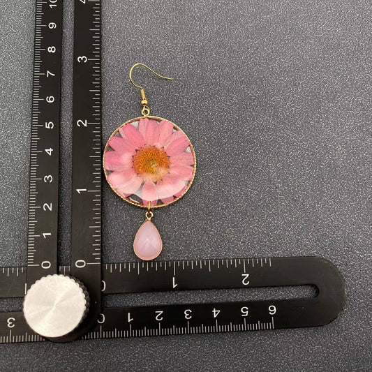 Pink Chrysanthemum | Dried Flower Dangle Earrings - Spiral Circle