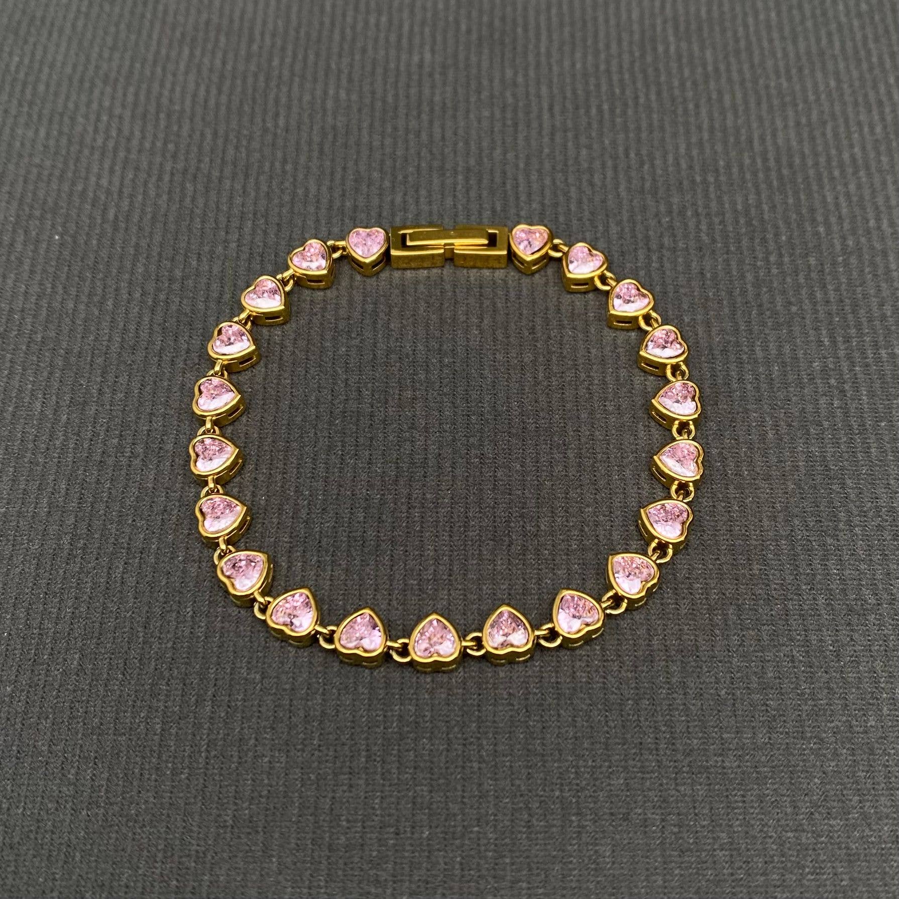 Pink Heart Linked 18K Gold Plated Bracelet - Spiral Circle
