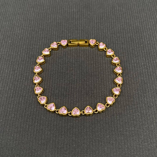 Pink Heart Linked 18K Gold Plated Bracelet - Spiral Circle