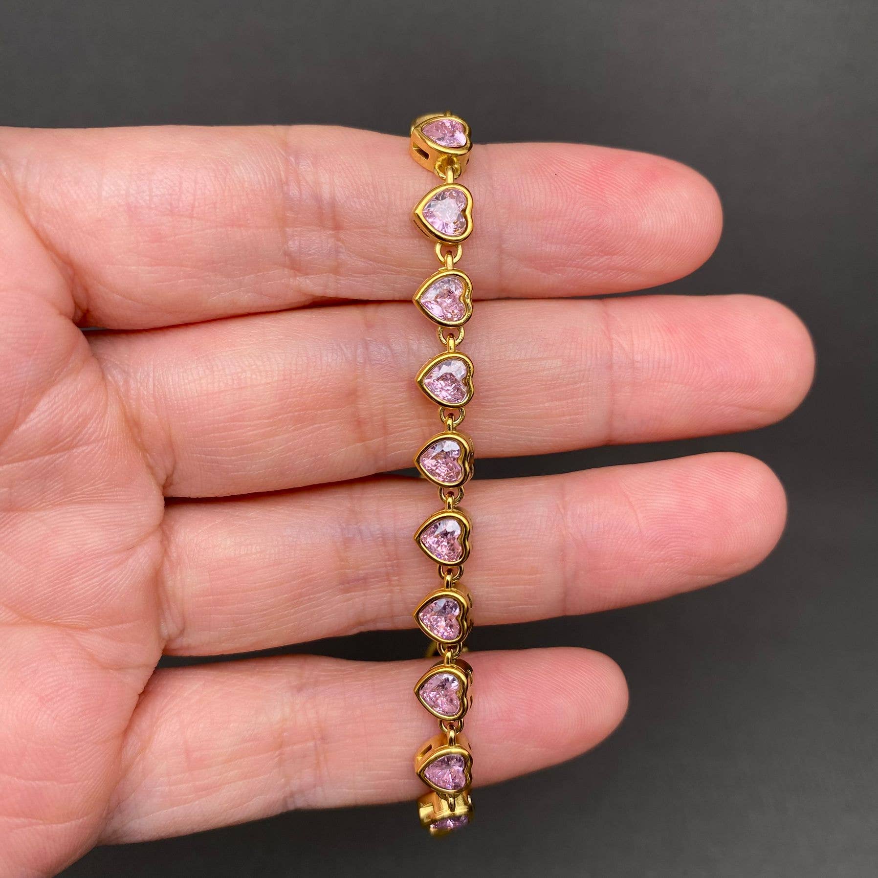 Pink Heart Linked 18K Gold Plated Bracelet - Spiral Circle