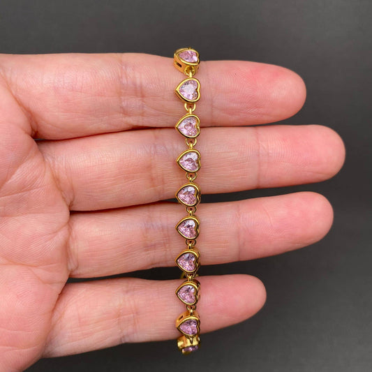 Pink Heart Linked 18K Gold Plated Bracelet - Spiral Circle
