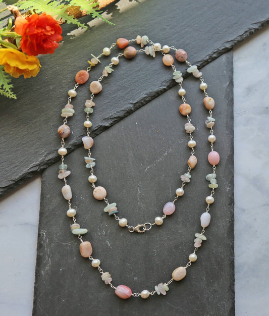 Pink Opal & Morganite Necklace - Spiral Circle