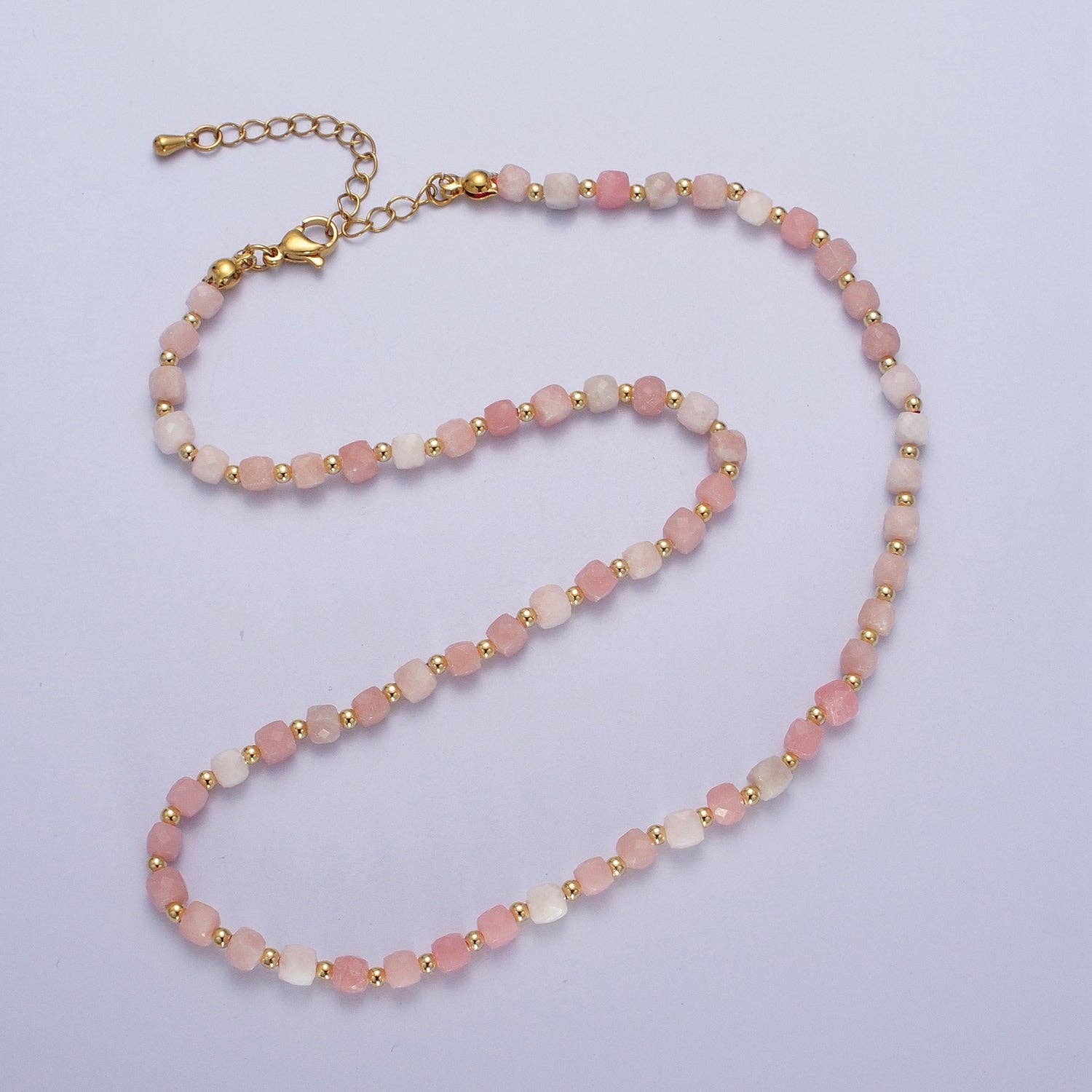 Pink Opal Multifaceted Cube Gemstone w. Gold Bead Choker Necklace - Spiral Circle