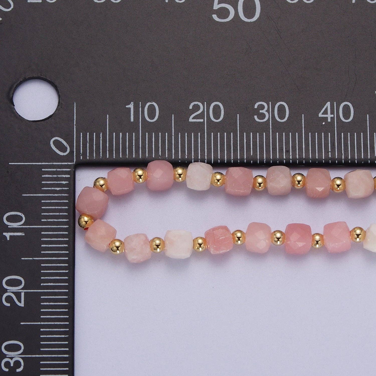 Pink Opal Multifaceted Cube Gemstone w. Gold Bead Choker Necklace - Spiral Circle