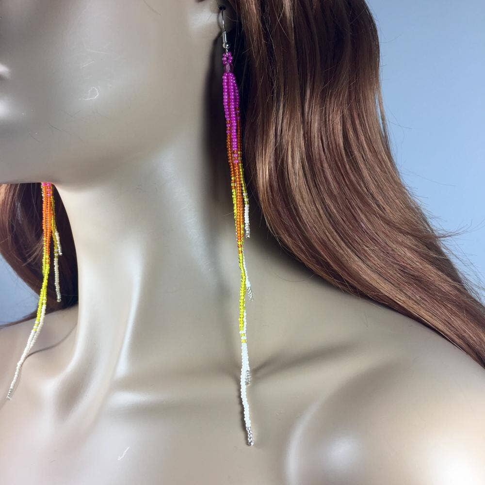 Pink Orange Yellow Beaded Earrings - Spiral Circle