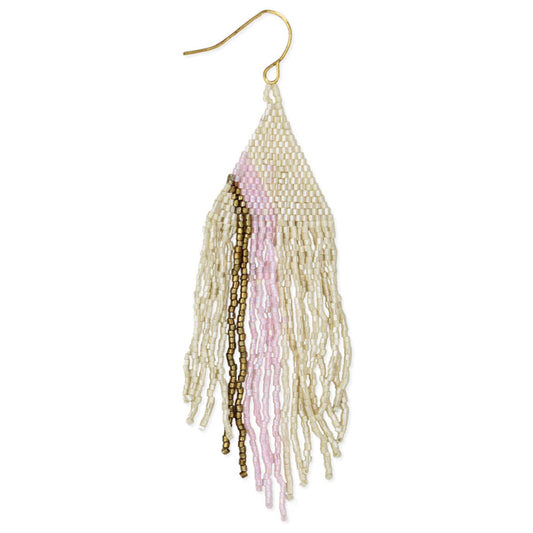 Pink Stripe Cream Bead Fringe Earrings - Spiral Circle