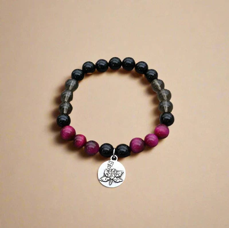 Pink Tiger Eye, Smoky Quartz, & Black Onyx 108 Bead Mala - Spiral Circle