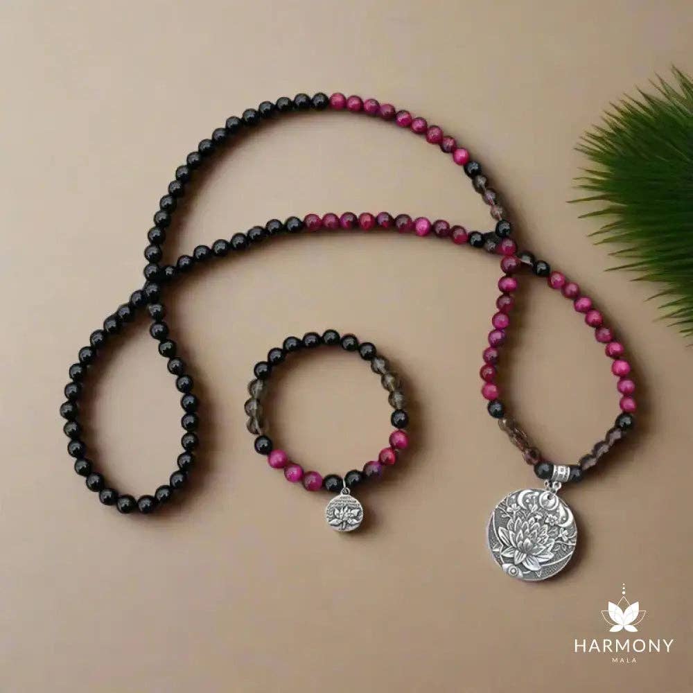 Pink Tiger Eye, Smoky Quartz, & Black Onyx 108 Bead Mala - Spiral Circle