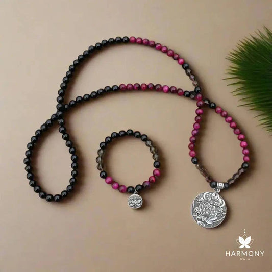 Pink Tiger Eye, Smoky Quartz, & Black Onyx 108 Bead Mala - Spiral Circle