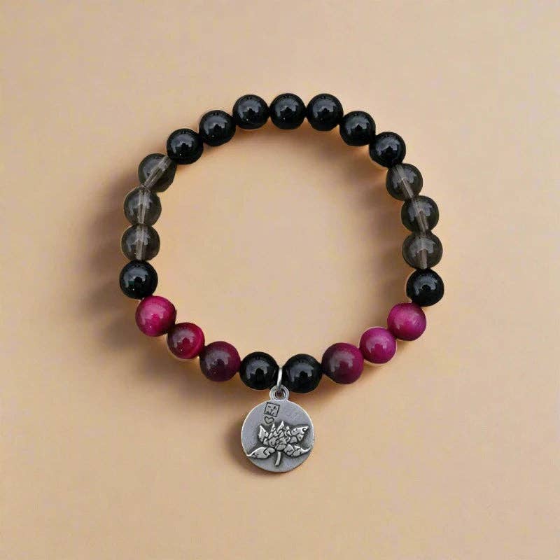 Pink Tiger Eye, Smoky Quartz, & Black Onyx 108 Bead Mala - Spiral Circle