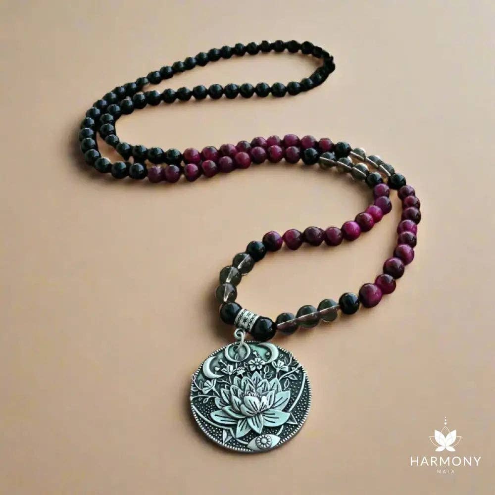 Pink Tiger Eye, Smoky Quartz, & Black Onyx 108 Bead Mala - Spiral Circle