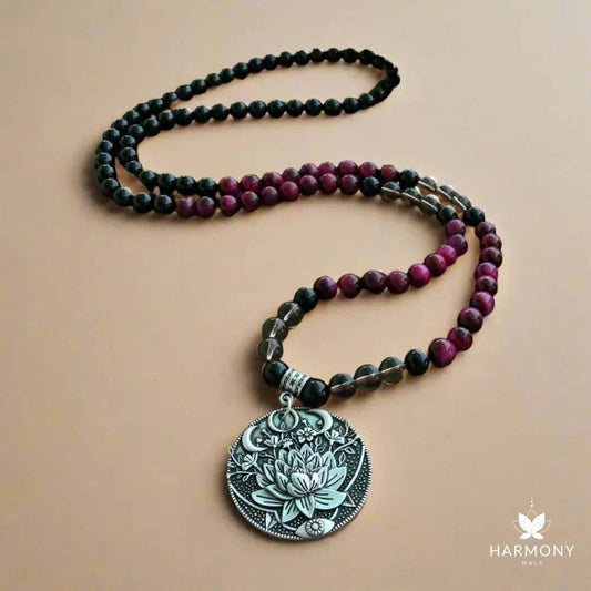 Pink Tiger Eye, Smoky Quartz, & Black Onyx 108 Bead Mala - Spiral Circle