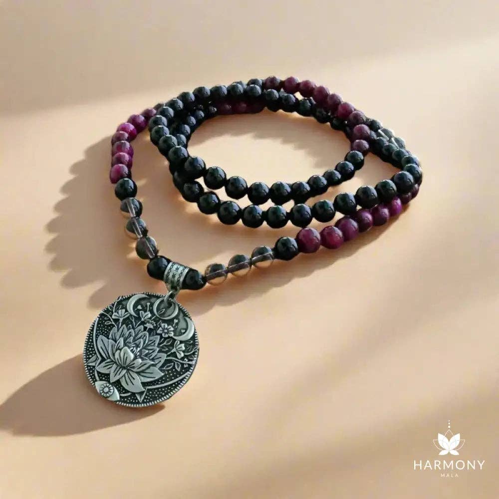 Pink Tiger Eye, Smoky Quartz, & Black Onyx 108 Bead Mala - Spiral Circle