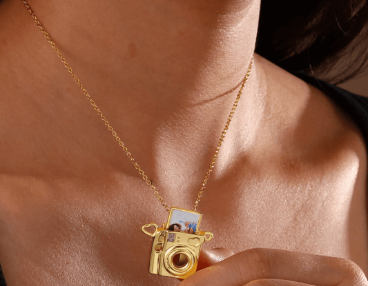 Polaroid Camera 14K Gold Steel Necklace - Spiral Circle