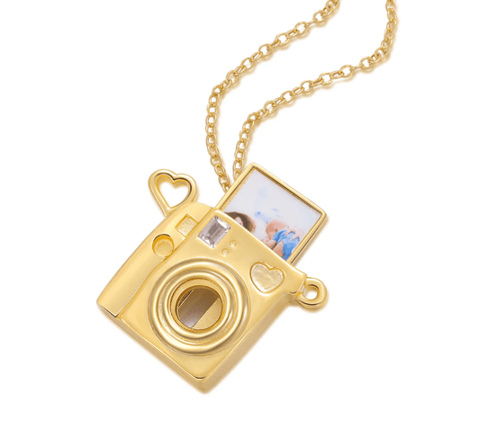 Polaroid Camera 14K Gold Steel Necklace - Spiral Circle