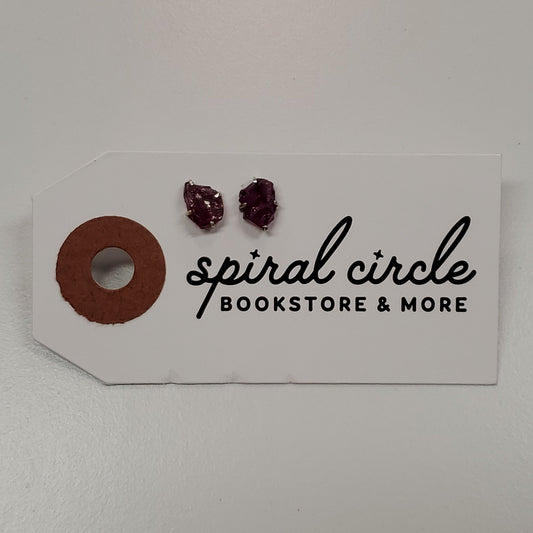 Purple Garnet Raw Stud Earrings | Sterling Silver - Spiral Circle